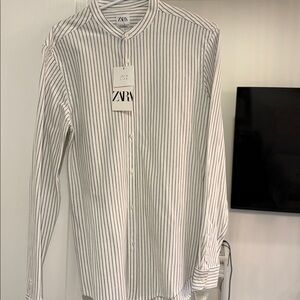 Zara Men's White and Black Striped Button Down Shirt Medium